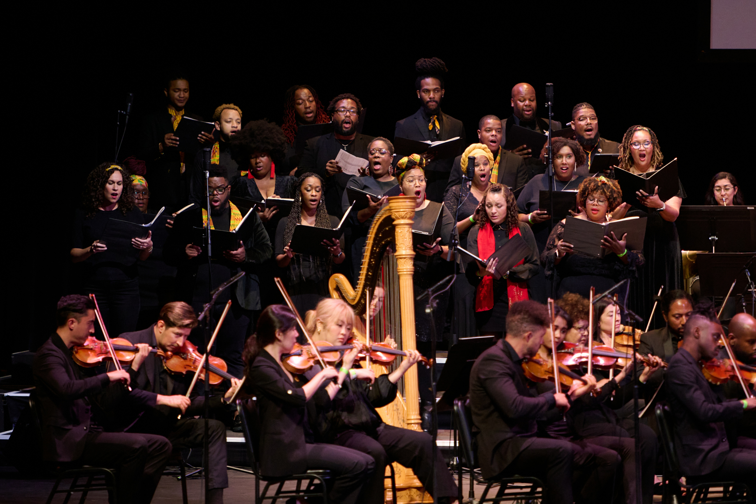 Juneteenth Day UCLA Student Choir group and band sing and playing music on stage